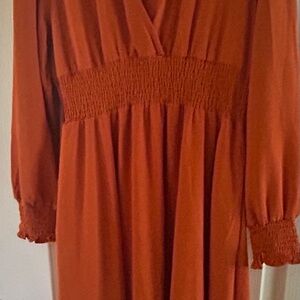 Orange Long Sleeve V-Neck Sundress for Wedding Guest